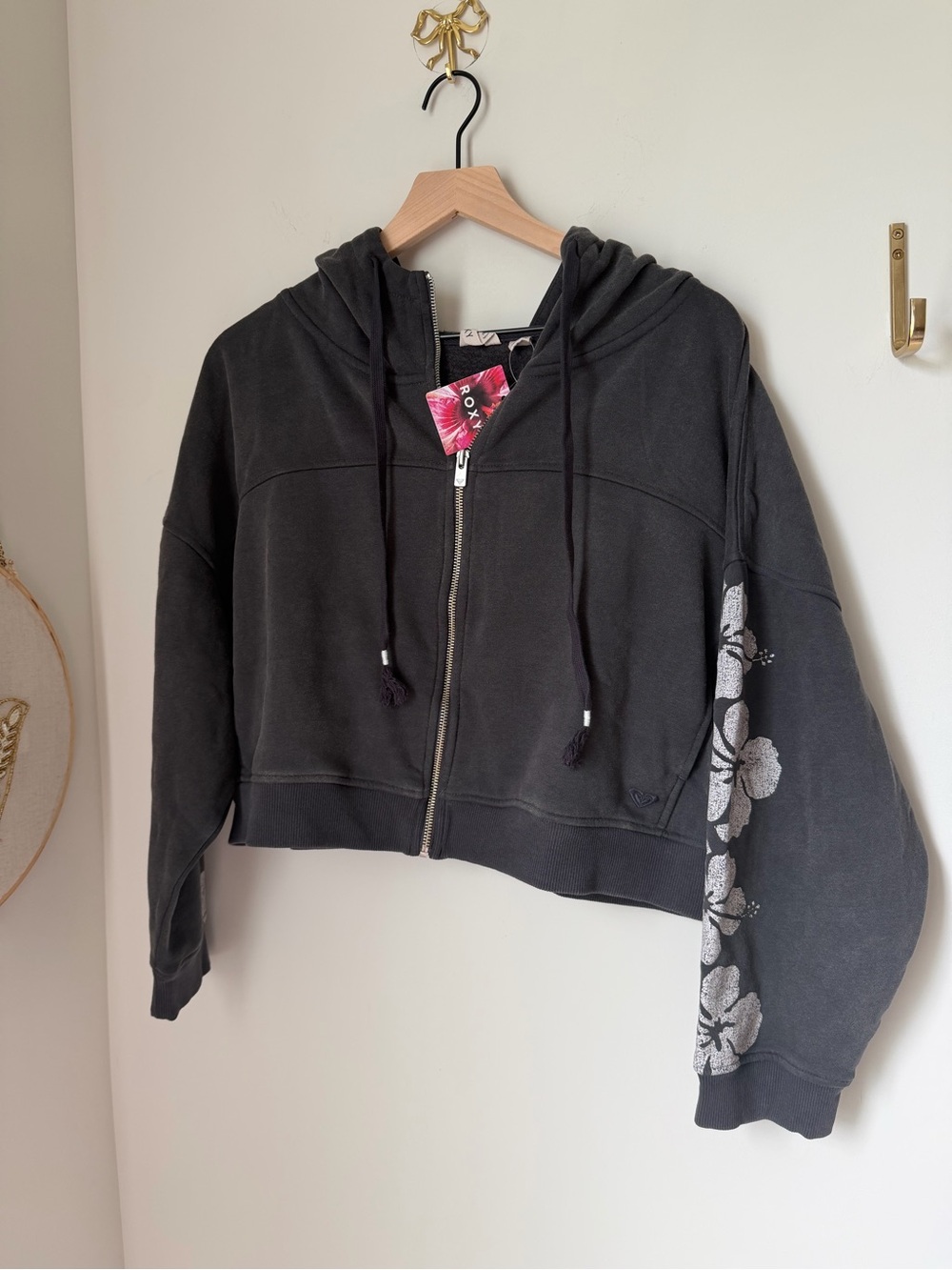 Roxy Black Cropped Zip Hoodie with white hibiscus Floral Print Sleeves